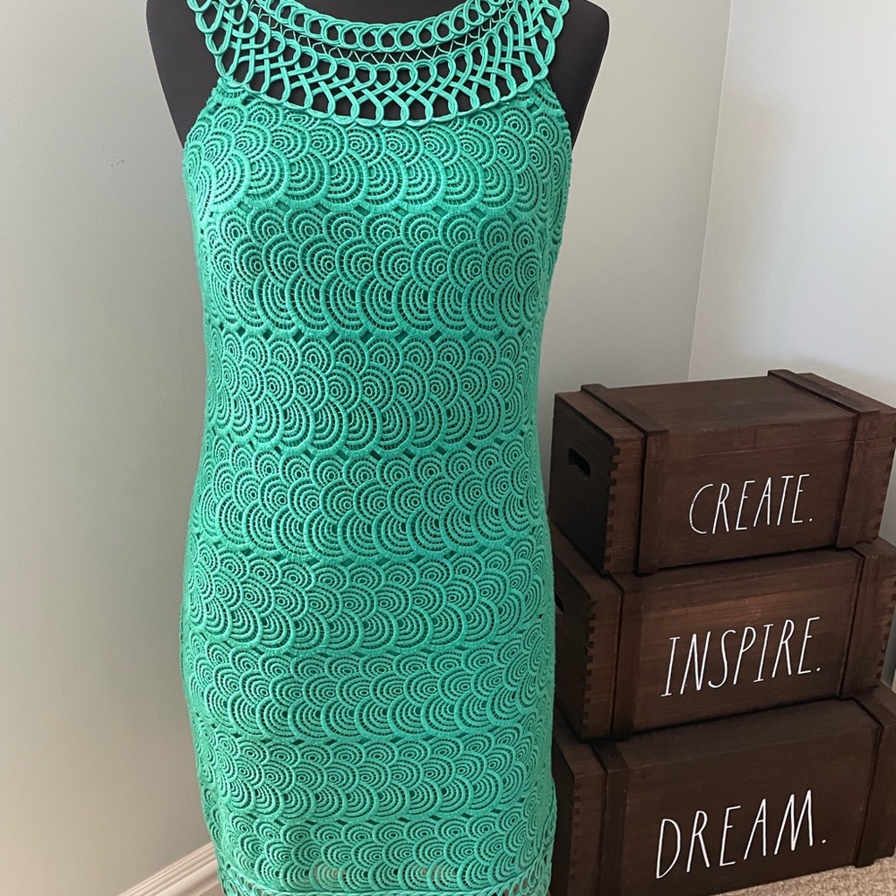 Laundry By Shelli Segal Aqua Crochet Midi Dress